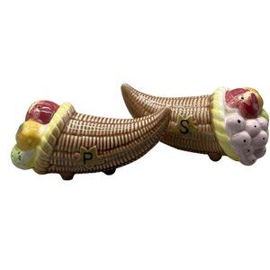 Vintage Tilso Cornucopia Ceramic Salt & Pepper Shakers Basket Fruit Japan READ